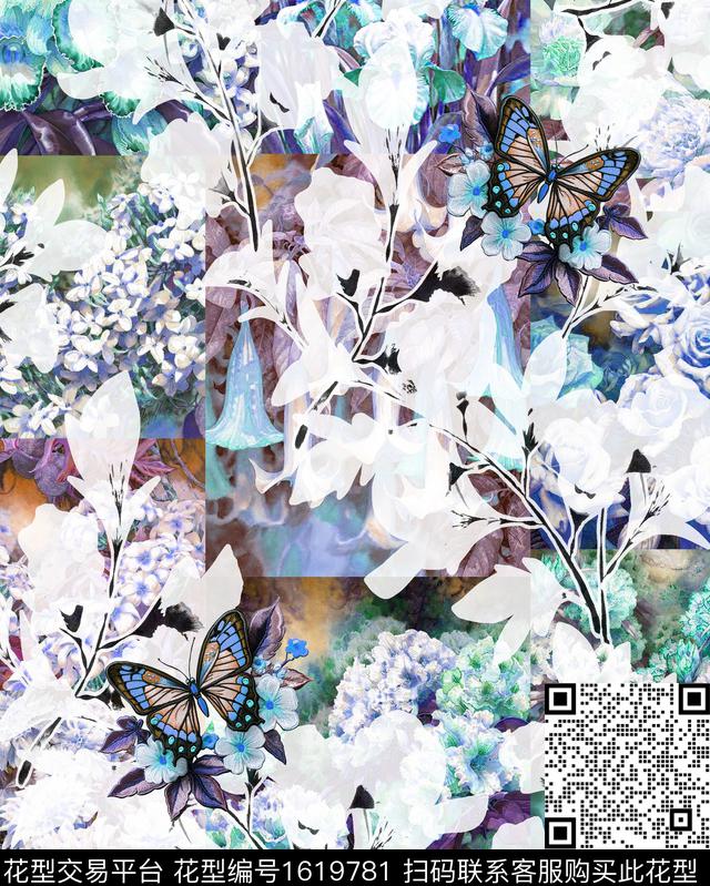 照片花卉抽象花卉花卉蝴蝶数码印花花型下载（图片编号: 1619781） - 瓦栏（Walan）