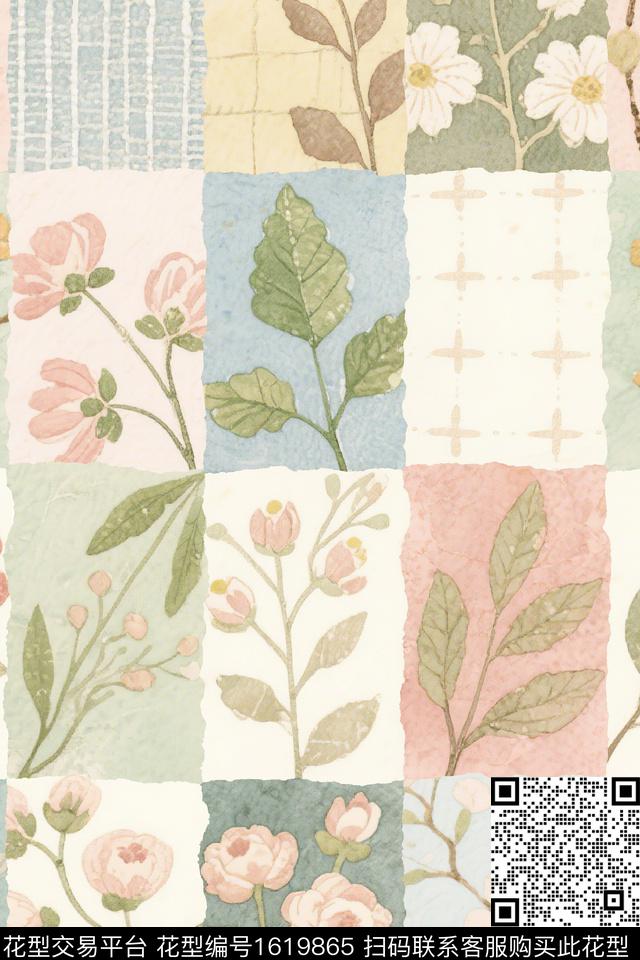 花卉混合拼接绿植树叶数码印花花型下载（图片编号: 1619865） - 瓦栏（Walan）
