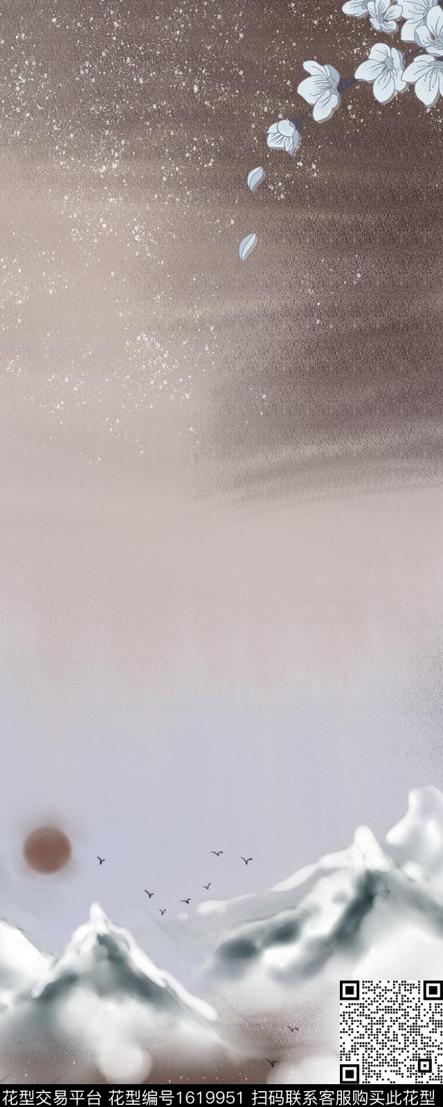 晕染肌理风景定位国画数码印花花型下载（图片编号: 1619951） - 瓦栏（Walan）