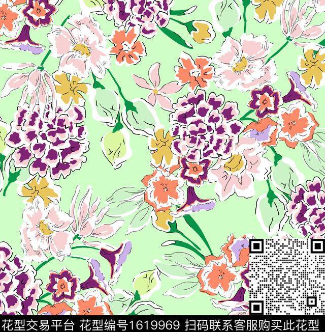 花卉清爽底花卉春夏花型传统印花花型下载（图片编号: 1619969） - 瓦栏（Walan）