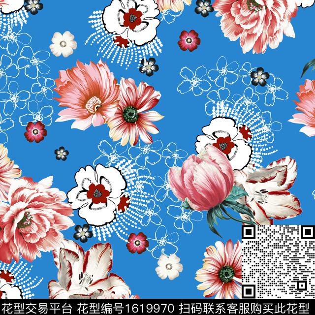 花卉清爽底花卉线条花卉数码印花花型下载（图片编号: 1619970） - 瓦栏（Walan）