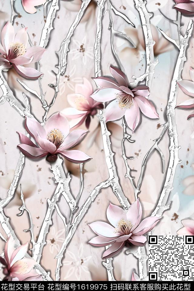 花卉中国风树枝数码印花花型下载（图片编号: 1619975） - 瓦栏（Walan）