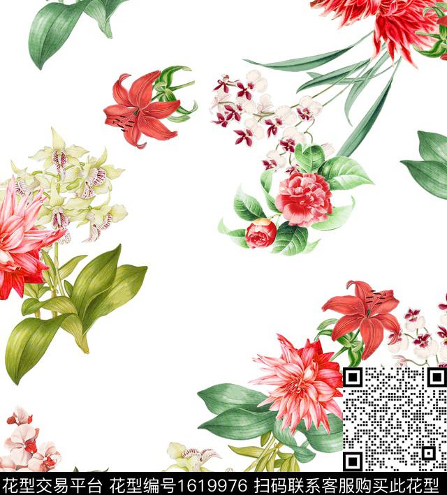花卉清爽底花卉绿植树叶数码印花花型下载（图片编号: 1619976） - 瓦栏（Walan）