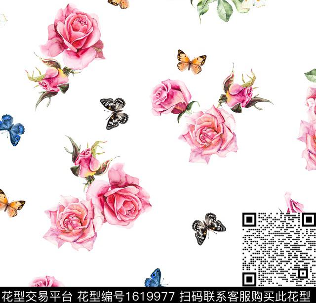 花卉蝴蝶清爽底花卉数码印花花型下载（图片编号: 1619977） - 瓦栏（Walan）