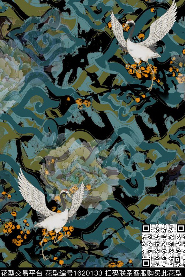 中国风仙鹤花卉数码印花花型下载（图片编号: 1620133） - 瓦栏（Walan）