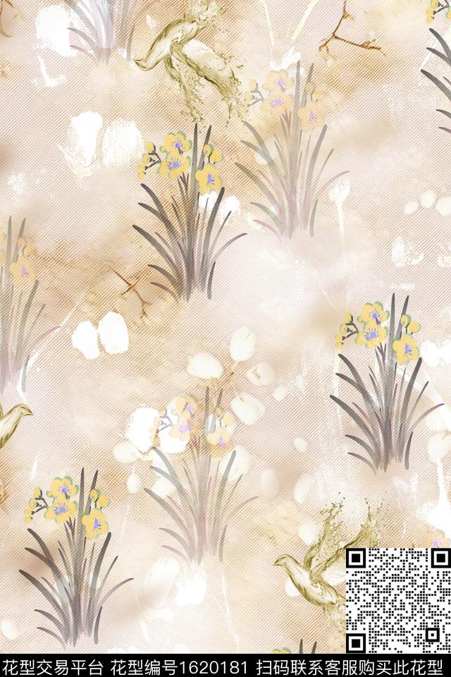 花卉水彩鸟数码印花花型下载（图片编号: 1620181） - 瓦栏（Walan）