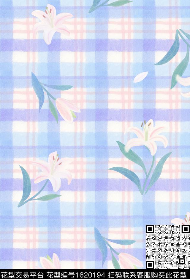 格子百合水彩花卉数码印花花型下载（图片编号: 1620194） - 瓦栏（Walan）
