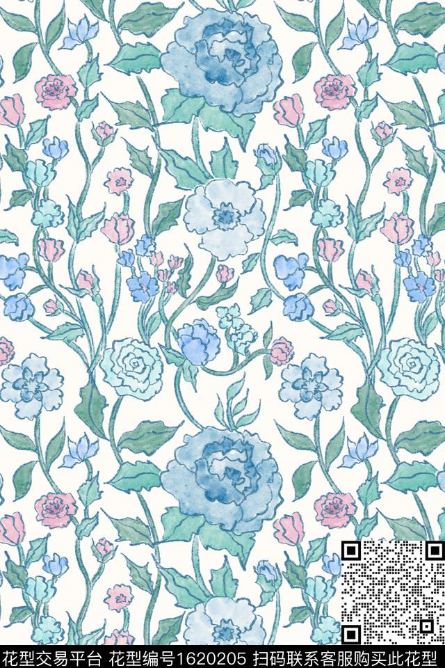 小清新花卉线条花卉数码印花花型下载（图片编号: 1620205） - 瓦栏（Walan）