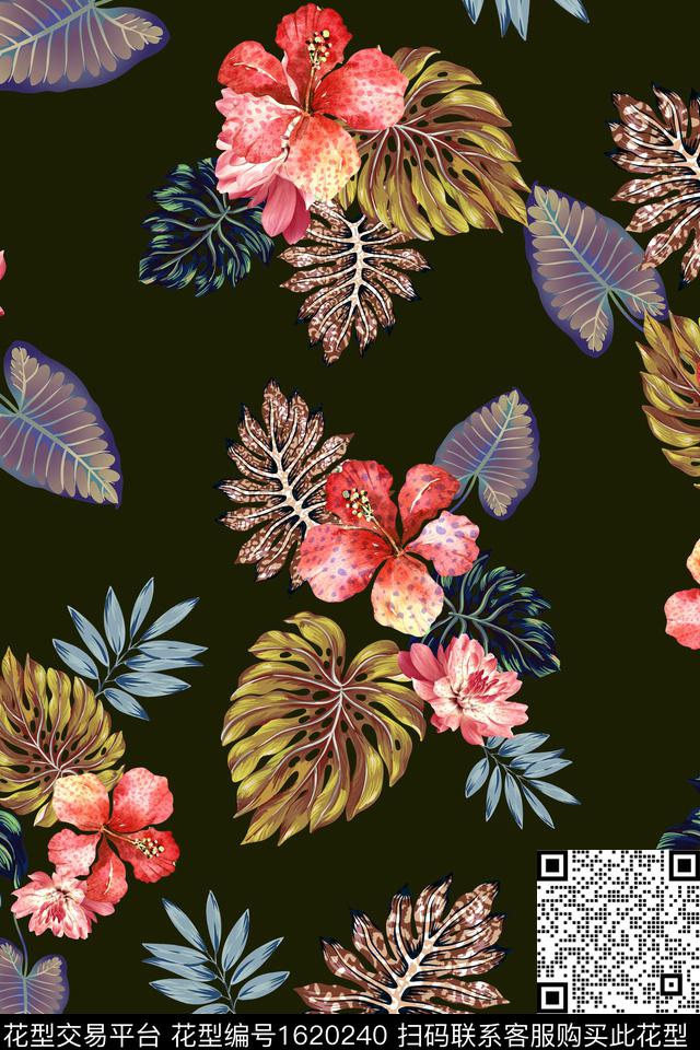 花卉热带花型棕榈树数码印花花型下载（图片编号: 1620240） - 瓦栏（Walan）