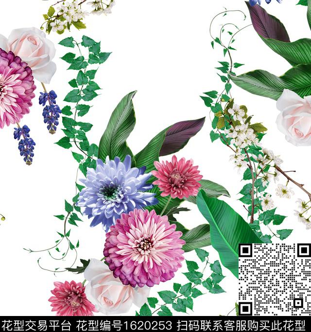 花卉清爽底花卉绿植树叶数码印花花型下载（图片编号: 1620253） - 瓦栏（Walan）