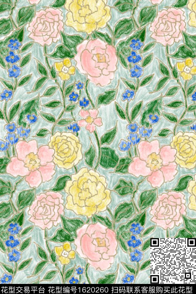 小清新花卉油画花型数码印花花型下载（图片编号: 1620260） - 瓦栏（Walan）