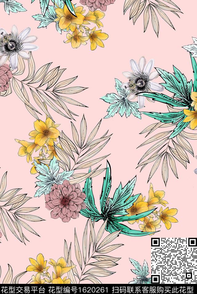 花卉清爽底花卉绿植树叶数码印花花型下载（图片编号: 1620261） - 瓦栏（Walan）