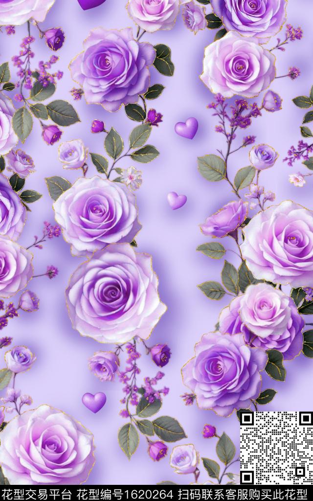 爱心花卉玫瑰花数码印花花型下载（图片编号: 1620264） - 瓦栏（Walan）