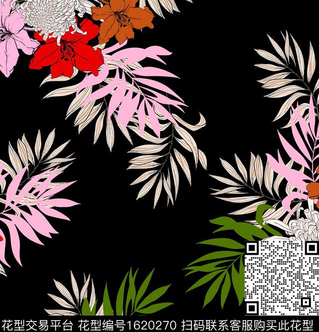 花卉黑底花卉绿植树叶传统印花花型下载（图片编号: 1620270） - 瓦栏（Walan）