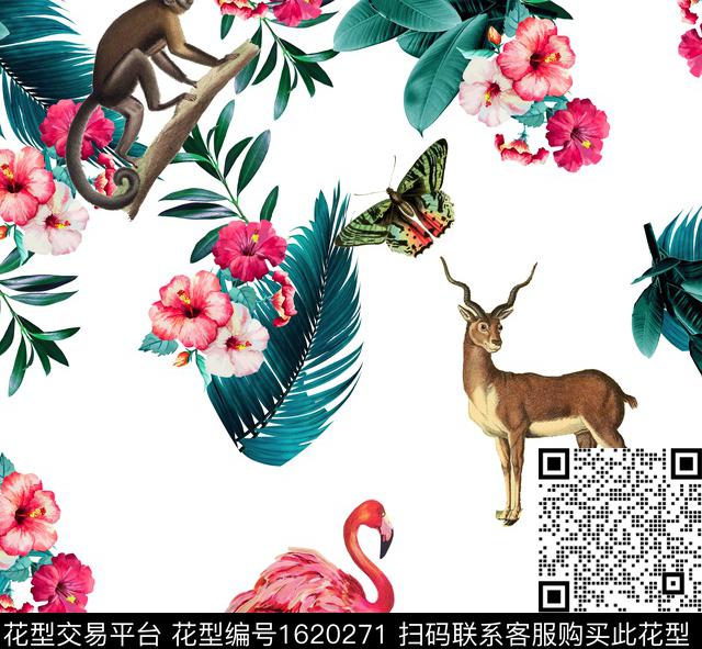猴子火烈鸟热带花型数码印花花型下载（图片编号: 1620271） - 瓦栏（Walan）