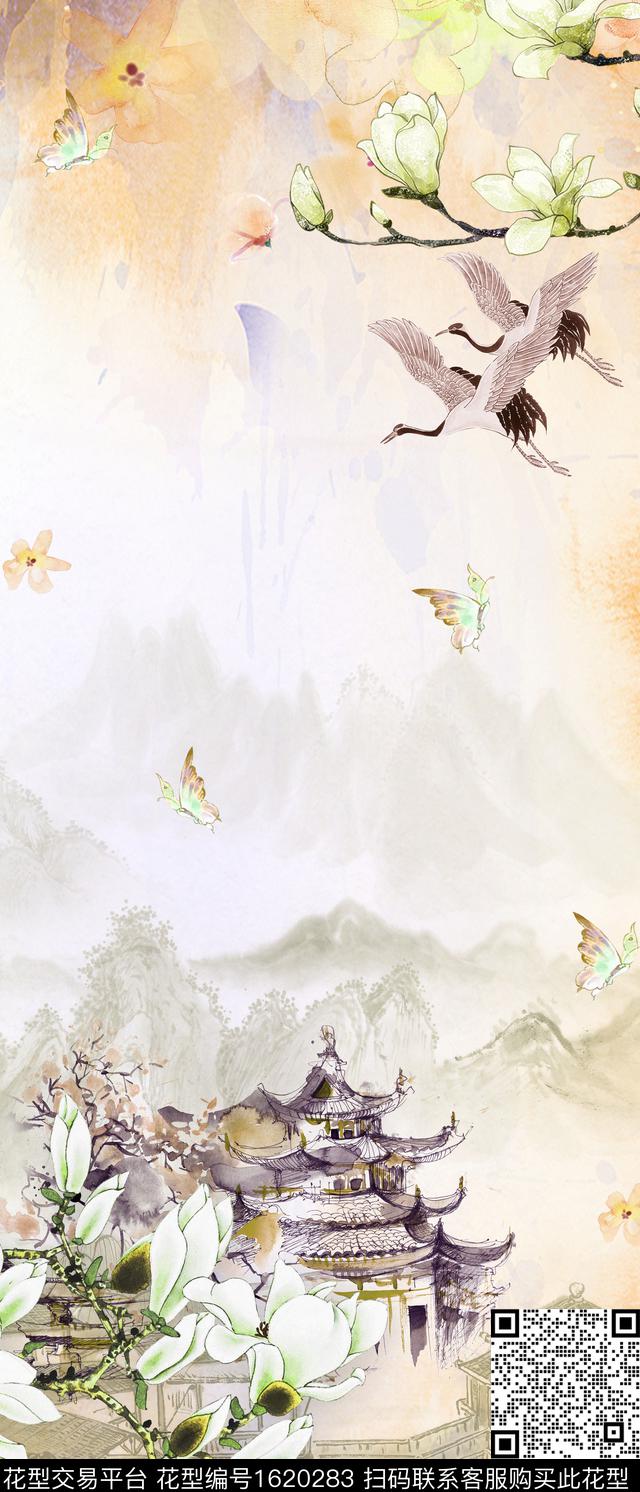 晕染肌理仙鹤水墨风数码印花花型下载（图片编号: 1620283） - 瓦栏（Walan）