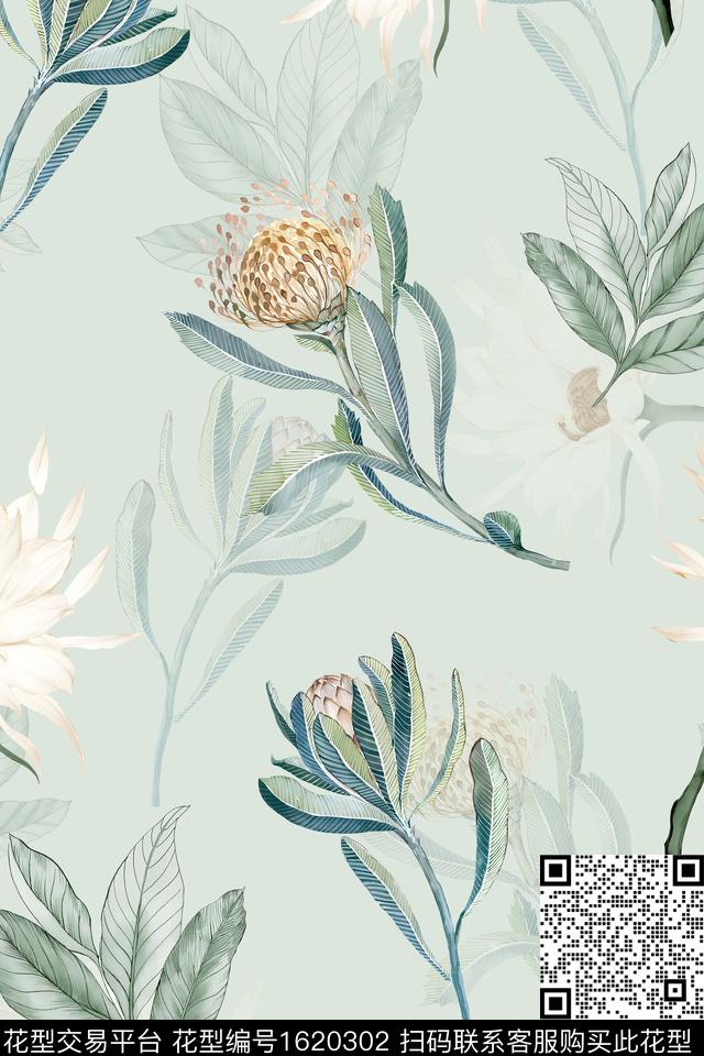 影花花卉绿植树叶数码印花花型下载（图片编号: 1620302） - 瓦栏（Walan）