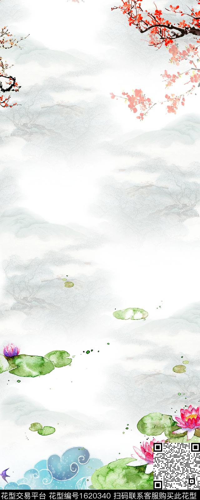 梅花荷花中国风数码印花花型下载（图片编号: 1620340） - 瓦栏（Walan）