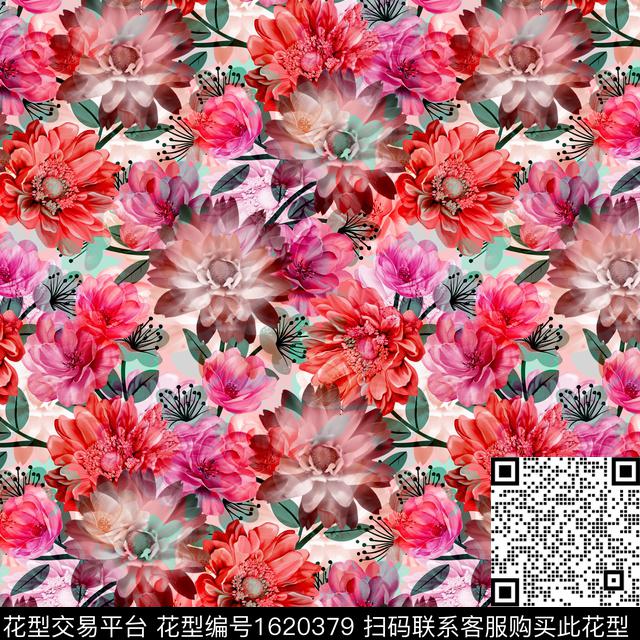 花卉满版散花炫彩数码印花花型下载（图片编号: 1620379） - 瓦栏（Walan）