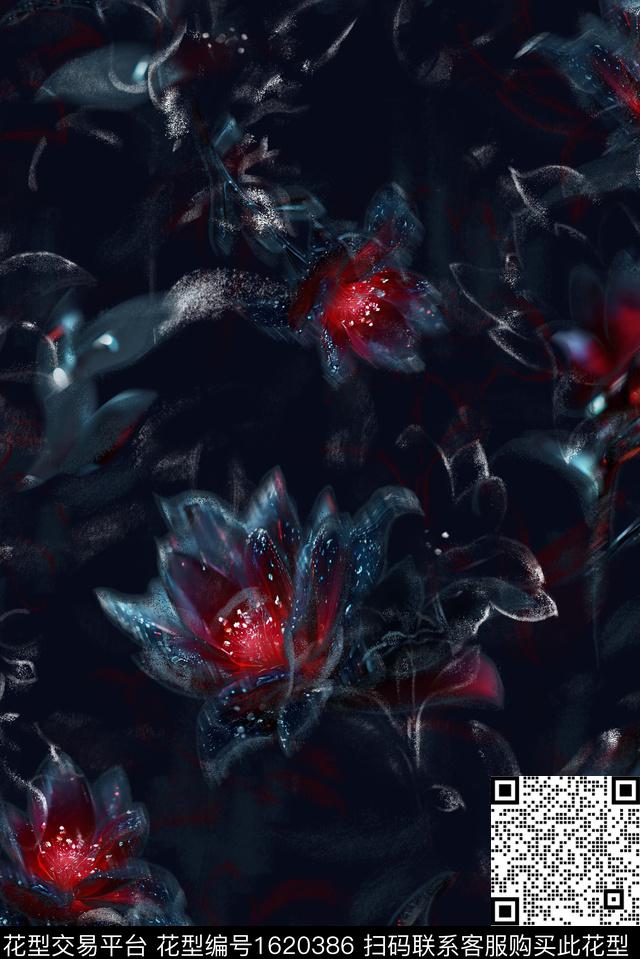 花卉模糊花卉黑底花卉数码印花花型下载（图片编号: 1620386） - 瓦栏（Walan）