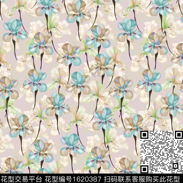花卉影花满版散花数码印花花型下载（图片编号: 1620387） - 瓦栏（Walan）