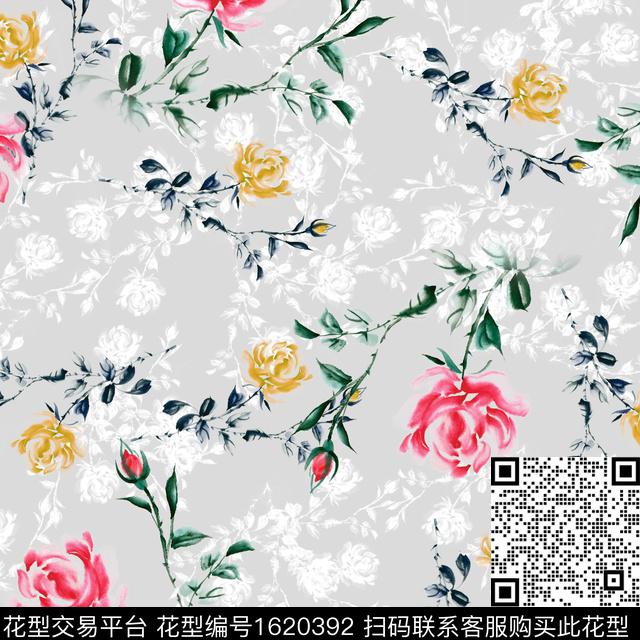 花卉剪影手绘数码印花花型下载（图片编号: 1620392） - 瓦栏（Walan）