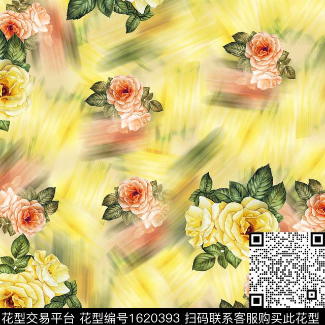 花卉笔触渐变数码印花花型下载（图片编号: 1620393） - 瓦栏（Walan）