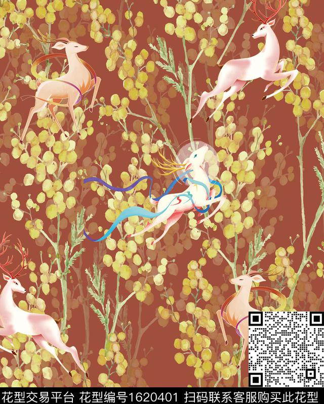 小清新水彩花卉九色鹿数码印花花型下载（图片编号: 1620401） - 瓦栏（Walan）