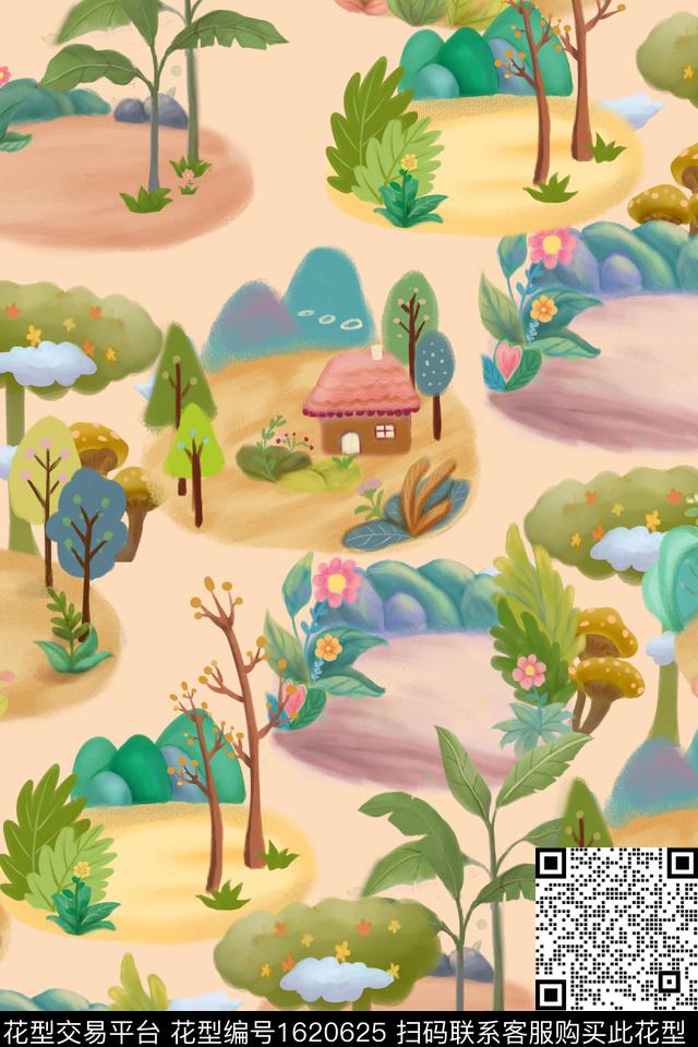 树趣味水彩数码印花花型下载（图片编号: 1620625） - 瓦栏（Walan）