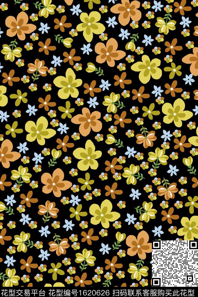 小碎花手绘花卉黑底花卉传统印花花型下载（图片编号: 1620626） - 瓦栏（Walan）