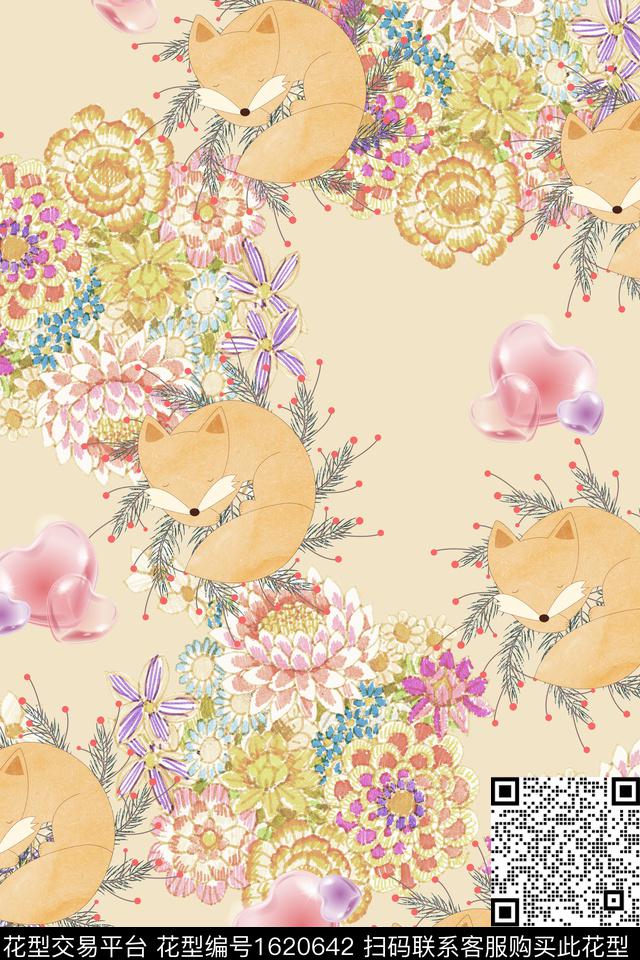 狐狸爱心花卉数码印花花型下载（图片编号: 1620642） - 瓦栏（Walan）