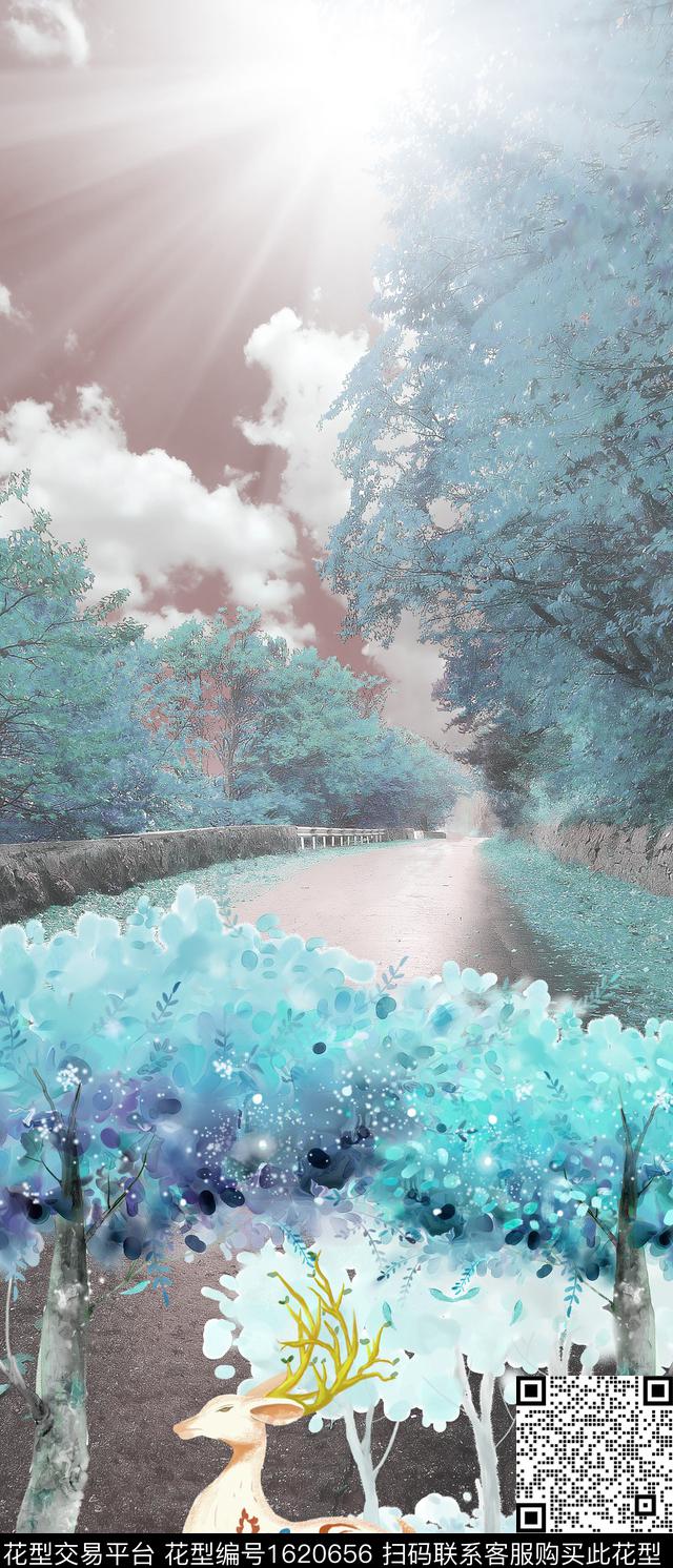 水彩花卉风景定位九色鹿数码印花花型下载（图片编号: 1620656） - 瓦栏（Walan）