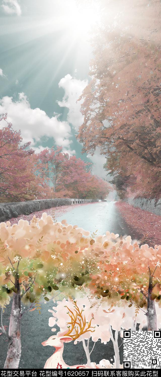 水彩风景定位九色鹿数码印花花型下载（图片编号: 1620657） - 瓦栏（Walan）