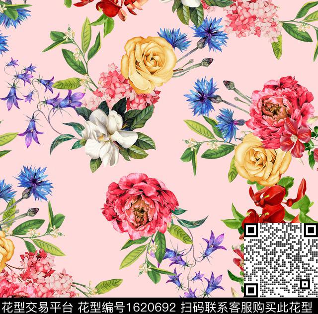 花卉清爽底花卉数码印花花型下载（图片编号: 1620692） - 瓦栏（Walan）