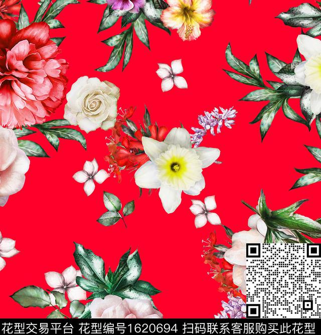 花卉清爽底花卉数码印花花型下载（图片编号: 1620694） - 瓦栏（Walan）