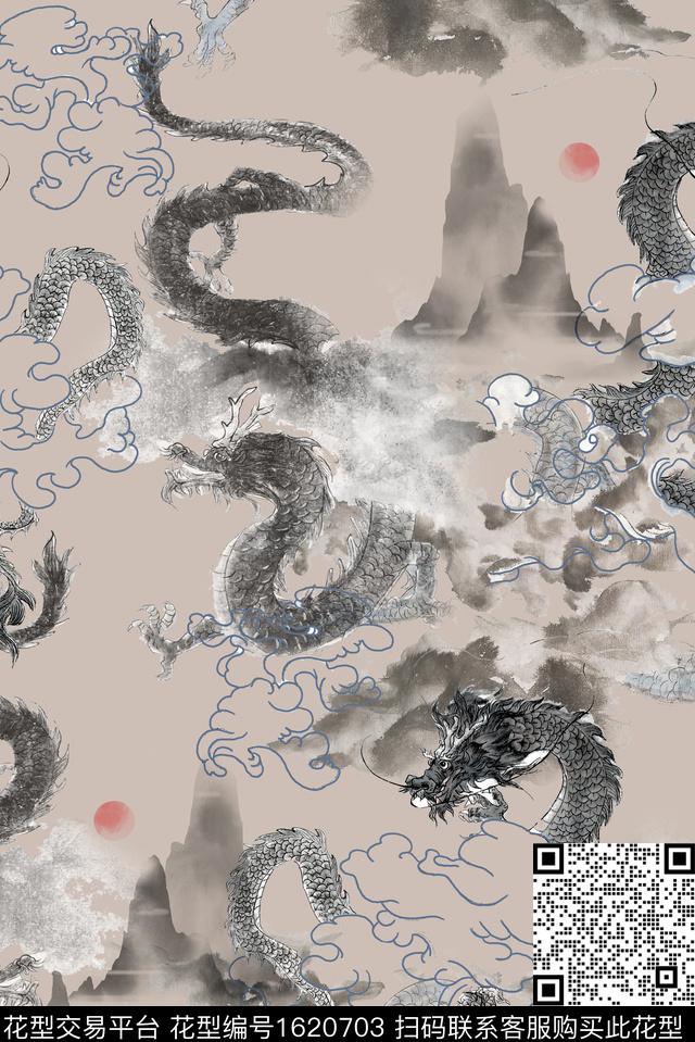 龙水墨风国画数码印花花型下载（图片编号: 1620703） - 瓦栏（Walan）