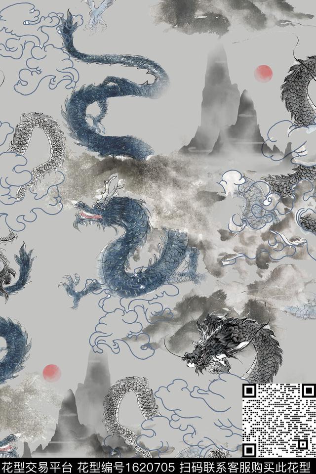 龙水墨风国画数码印花花型下载（图片编号: 1620705） - 瓦栏（Walan）