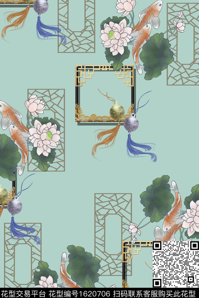 中国风荷花窗棂数码印花花型下载（图片编号: 1620706） - 瓦栏（Walan）