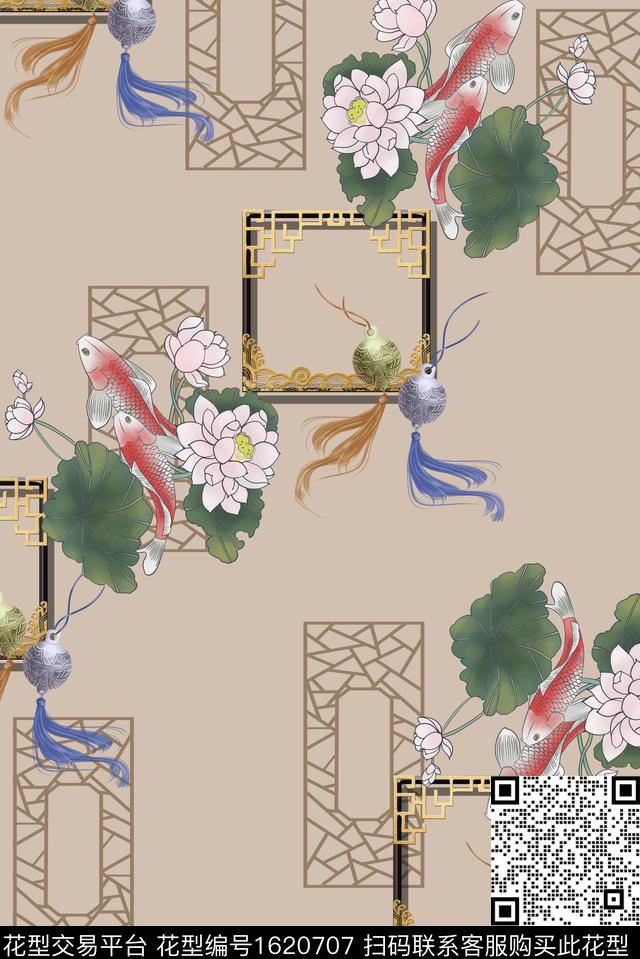 古典花纹荷花窗棂数码印花花型下载（图片编号: 1620707） - 瓦栏（Walan）