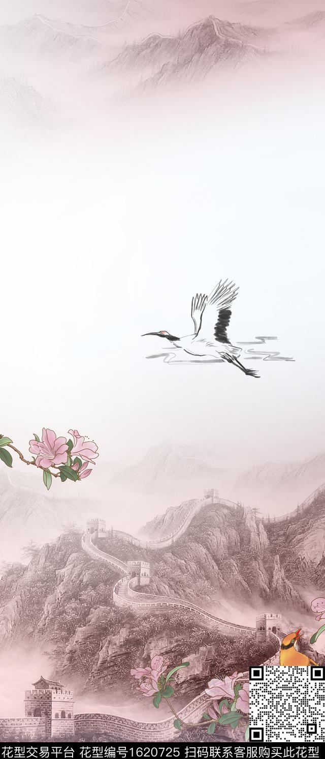 仙鹤水墨风花鸟数码印花花型下载（图片编号: 1620725） - 瓦栏（Walan）