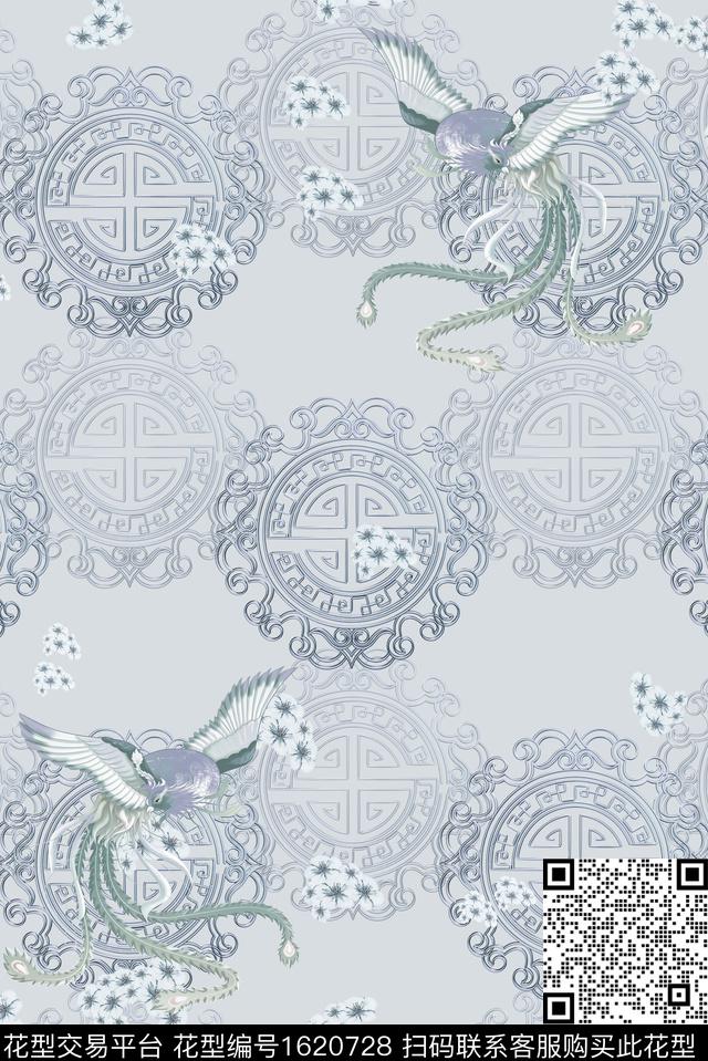 古典花纹小碎花凤凰数码印花花型下载（图片编号: 1620728） - 瓦栏（Walan）
