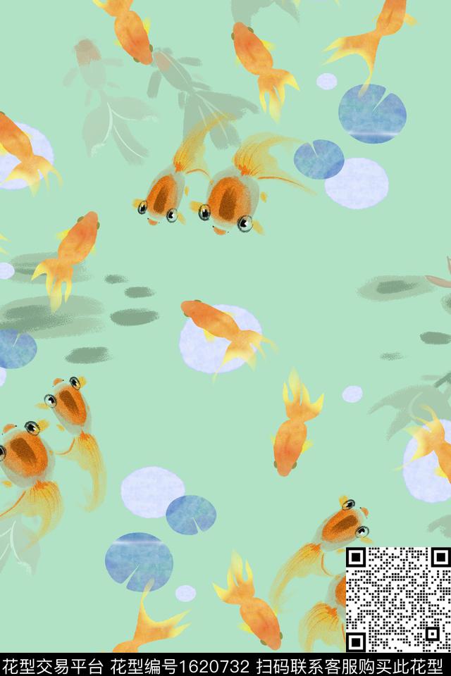 趣味水墨风鱼数码印花花型下载（图片编号: 1620732） - 瓦栏（Walan）