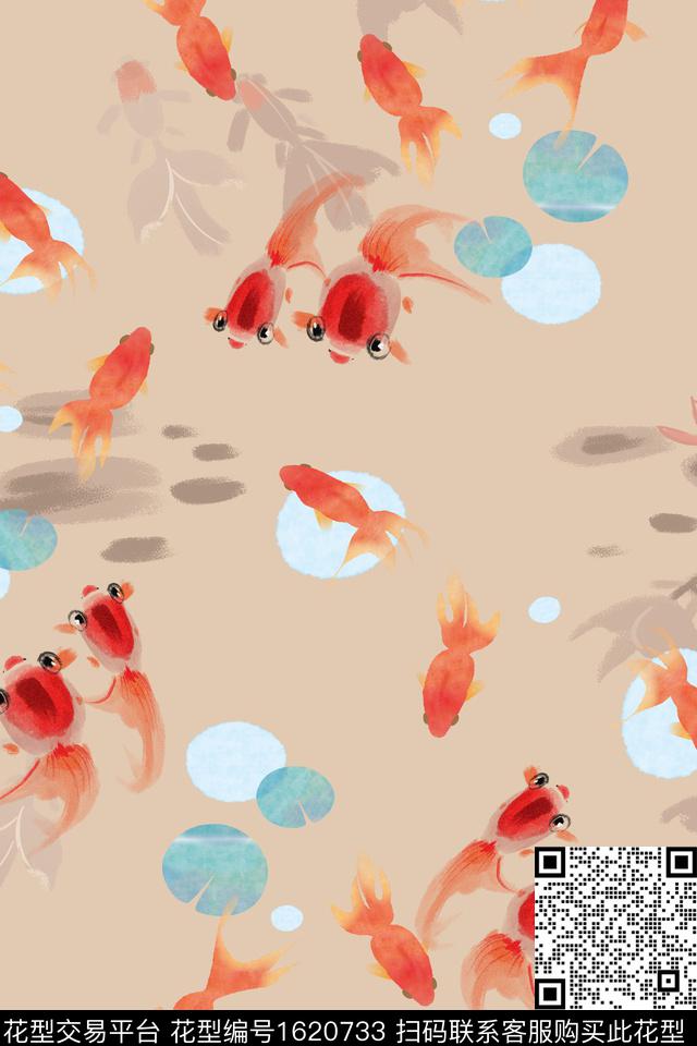 金鱼中国风荷花数码印花花型下载（图片编号: 1620733） - 瓦栏（Walan）