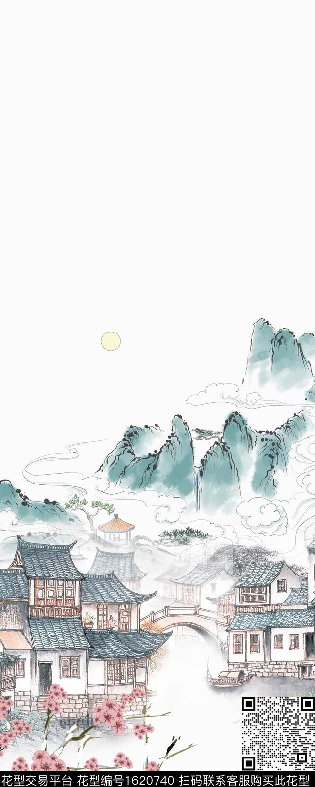 建筑桃花水墨风数码印花花型下载（图片编号: 1620740） - 瓦栏（Walan）