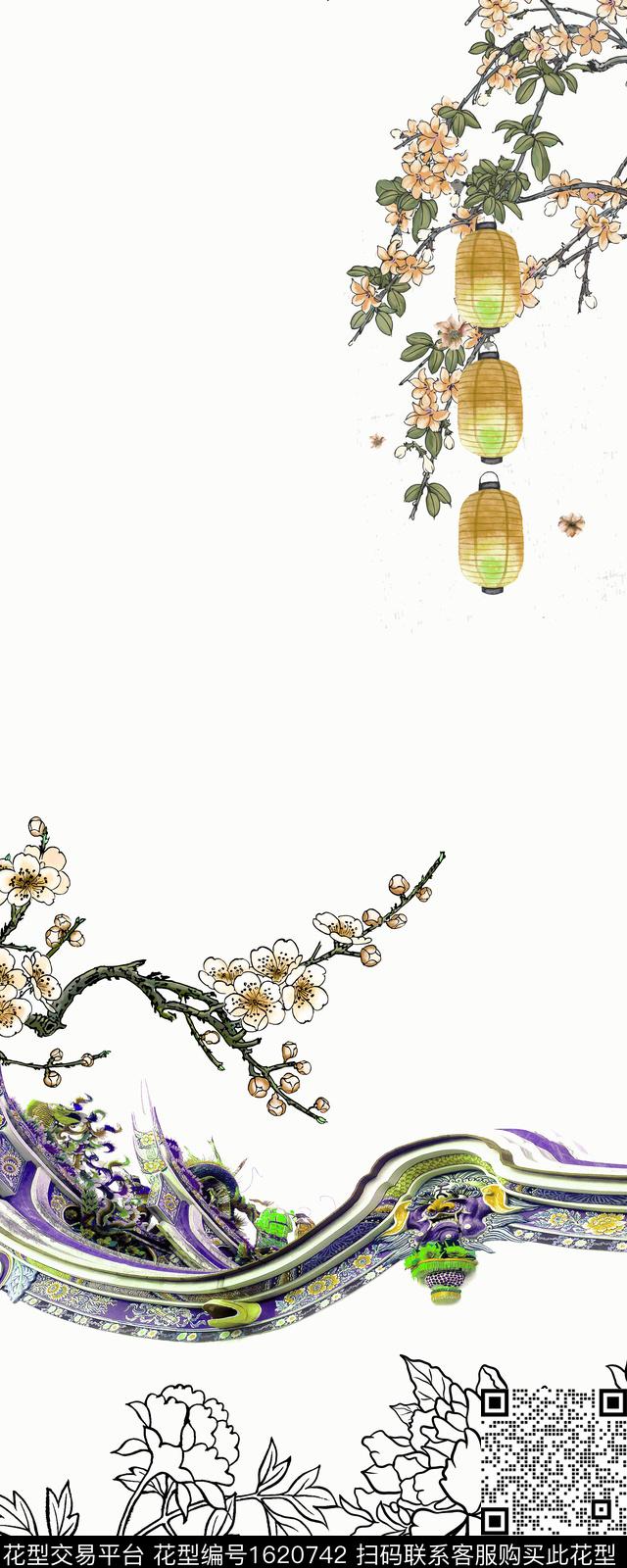梅花建筑线条花卉数码印花花型下载（图片编号: 1620742） - 瓦栏（Walan）