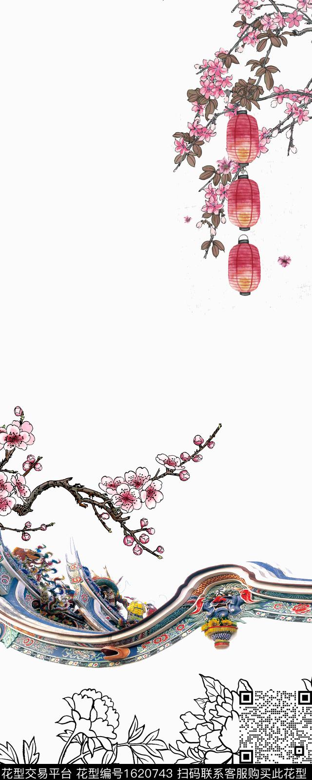 梅花建筑灯笼数码印花花型下载（图片编号: 1620743） - 瓦栏（Walan）