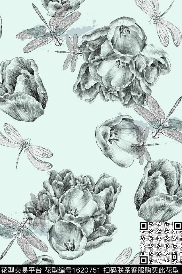 蜻蜓线条花卉玫瑰花数码印花花型下载（图片编号: 1620751） - 瓦栏（Walan）