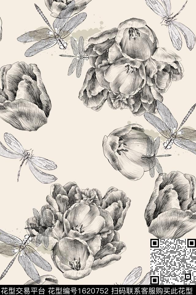 蜻蜓花卉素描数码印花花型下载（图片编号: 1620752） - 瓦栏（Walan）