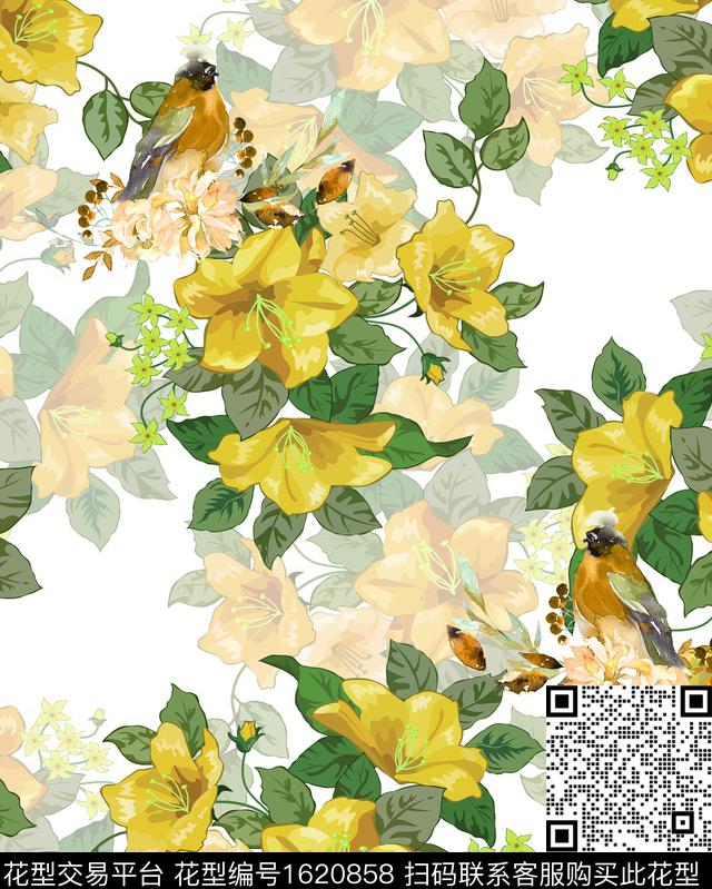 花卉影花鸟数码印花花型下载（图片编号: 1620858） - 瓦栏（Walan）