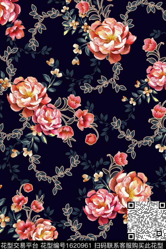 花卉中老年黑底花卉数码印花花型下载（图片编号: 1620961） - 瓦栏（Walan）